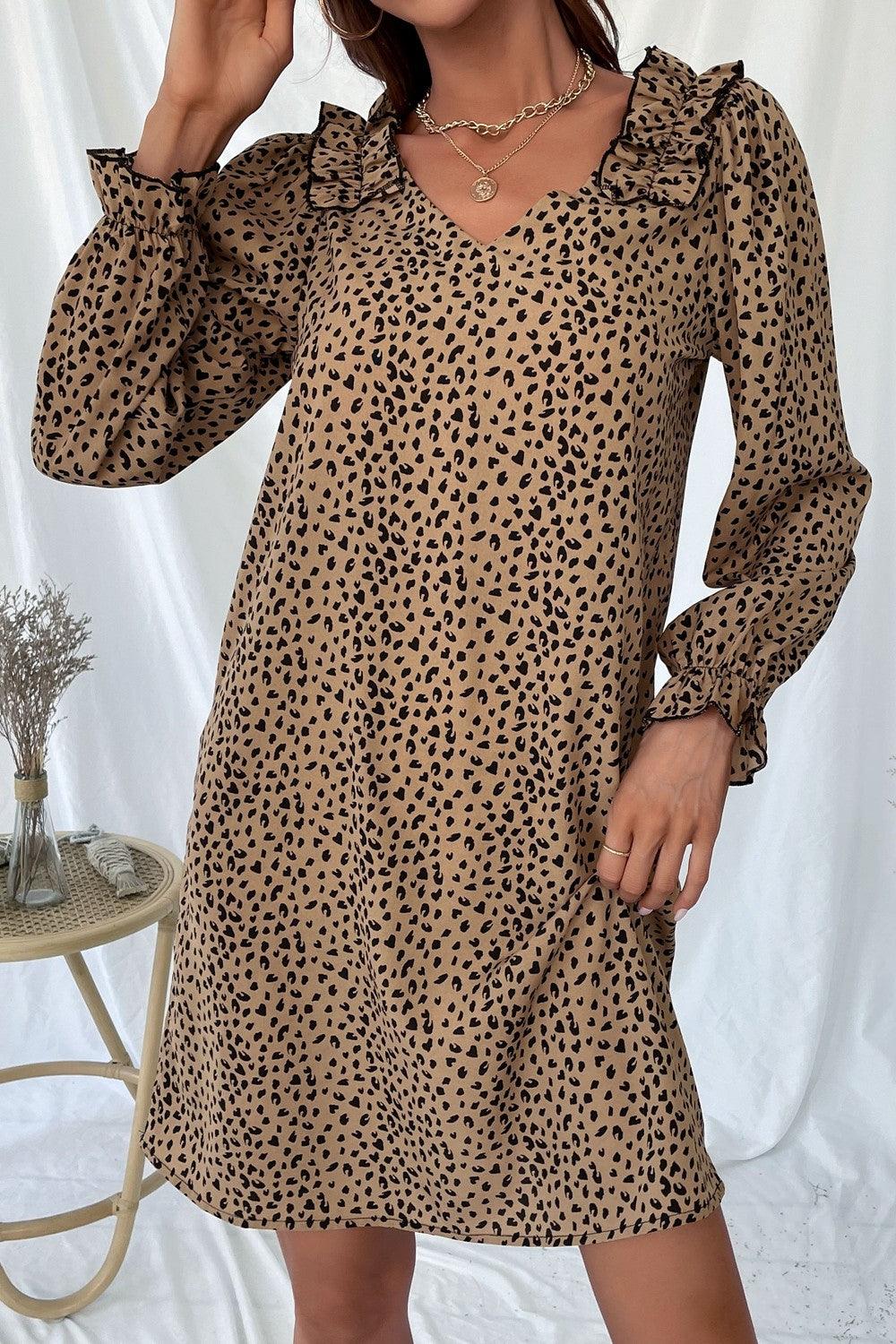 Leopard Frill Trim V-Neck Dress - Flyclothing LLC