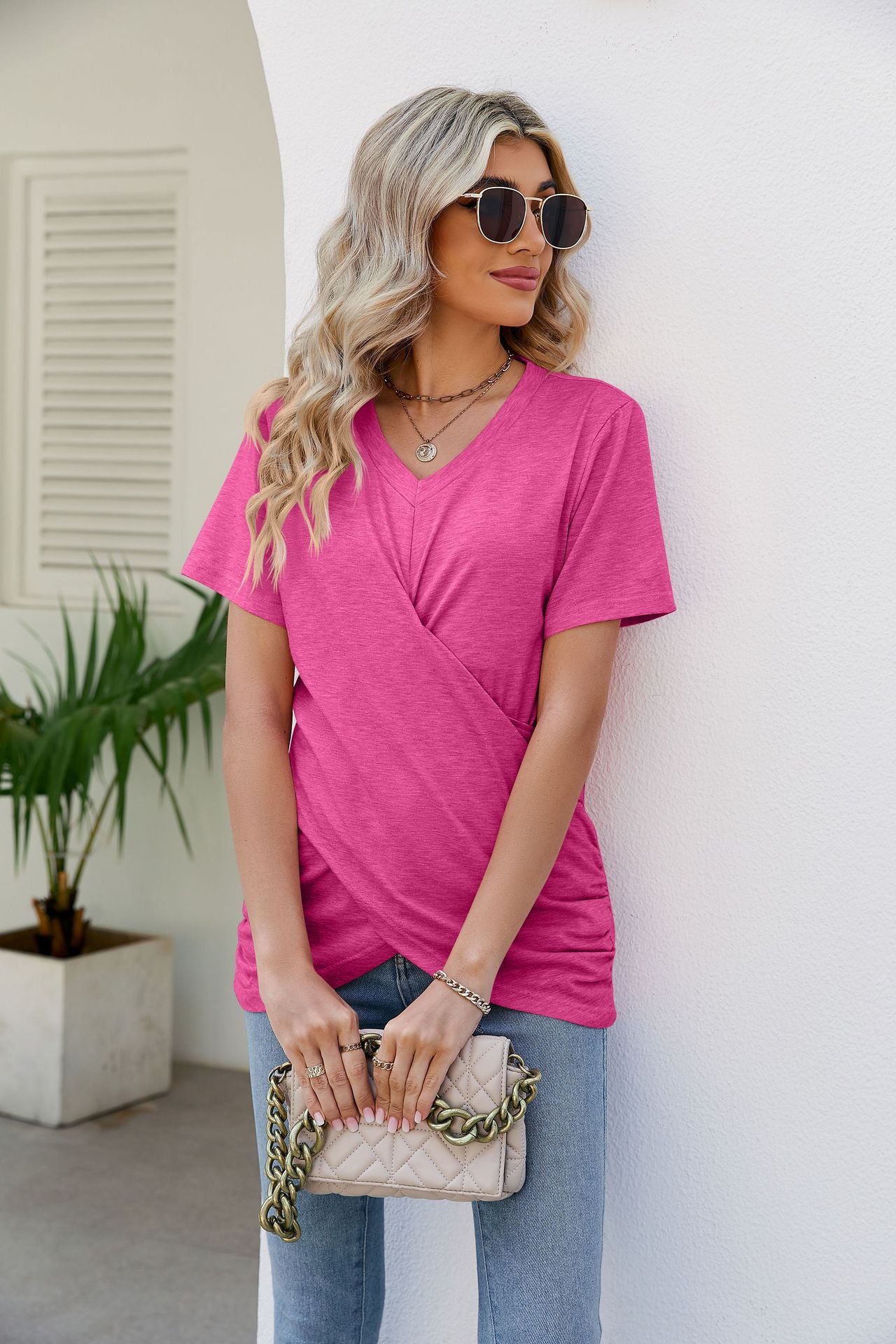 V-Neck Crisscross Short Sleeve Tee - Flyclothing LLC