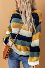 Striped Dropped Shoulder Knitted Pullover Sweater - Flyclothing LLC