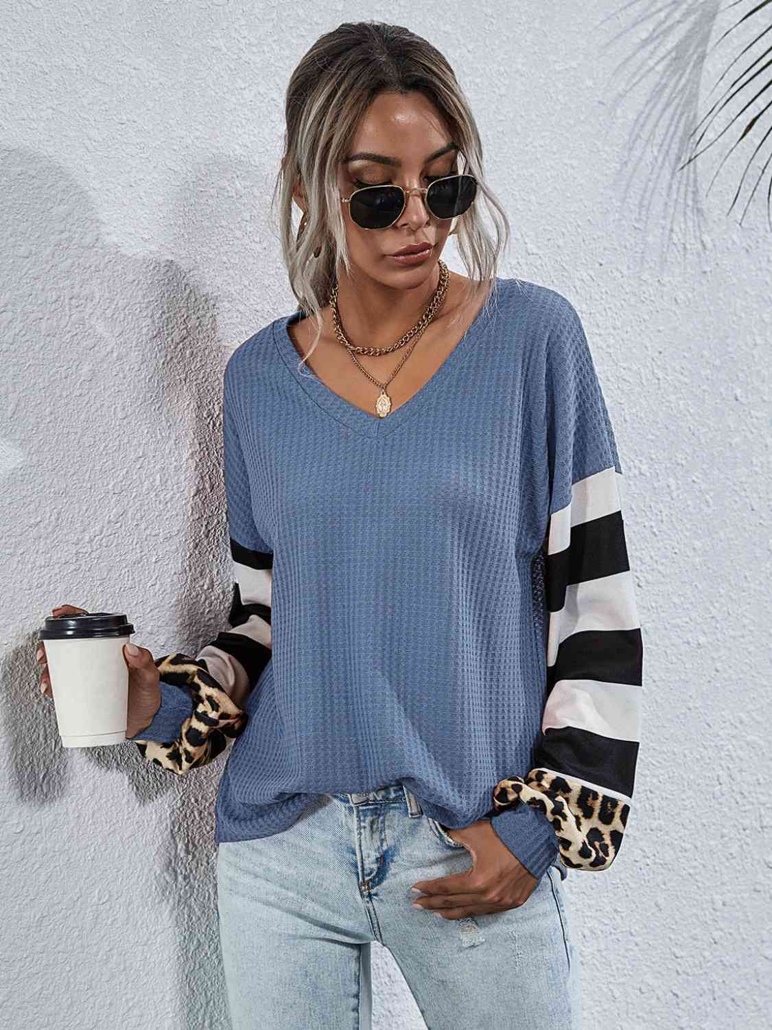 Leopard Striped Waffle-Knit Top - Trendsi