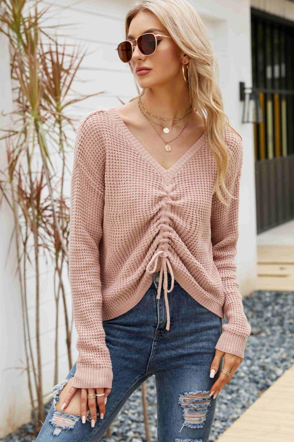 Waffle-Knit Drawstring Detail V-Neck Sweater - Flyclothing LLC