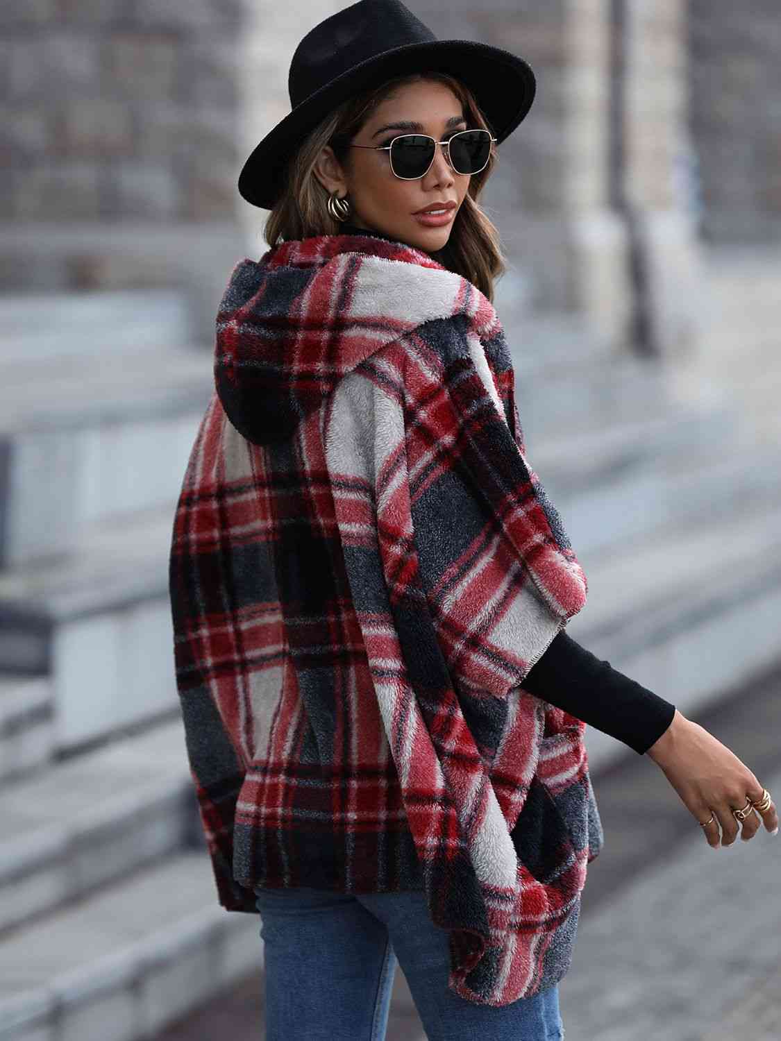 Plaid Hooded Coat with Pockets - Flyclothing LLC