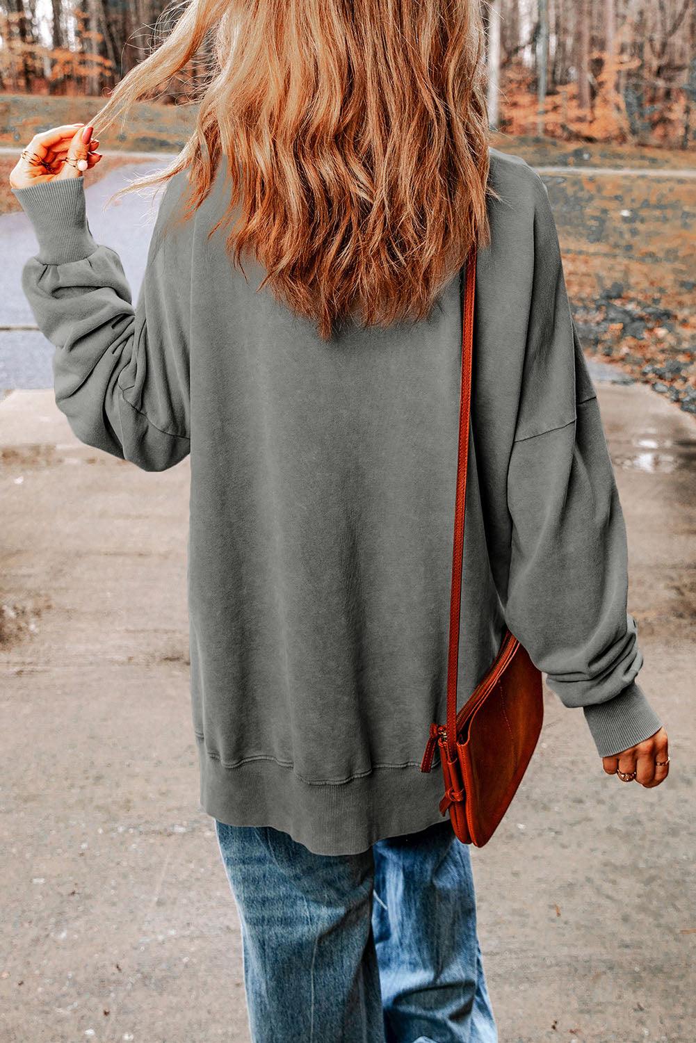 Dropped Shoulder Round Neck Long Sleeve Blouse - Flyclothing LLC