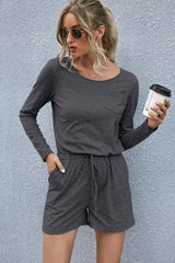 Drawstring Waist Long Sleeve Romper - Flyclothing LLC