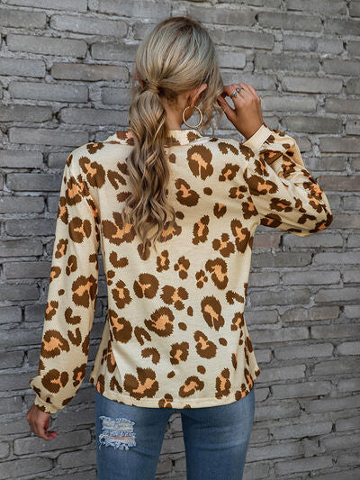 Leopard V-Neck Decorative Button Long Sleeve Blouse - Flyclothing LLC