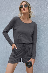 Drawstring Waist Long Sleeve Romper - Flyclothing LLC