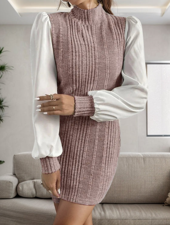 Ribbed Contrast Long Sleeve Sweater Dress - Flyclothing LLC