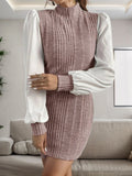 Ribbed Contrast Long Sleeve Sweater Dress - Flyclothing LLC