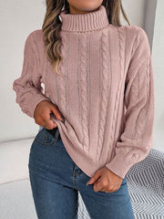 Cable-Knit Turtleneck Dropped Shoulder Sweater - Flyclothing LLC