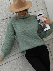 High Neck Balloon Sleeve Rib-Knit Pullover Sweater - Flyclothing LLC