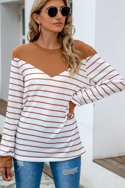 Striped Round Neck Long Sleeve T-Shirt - Flyclothing LLC