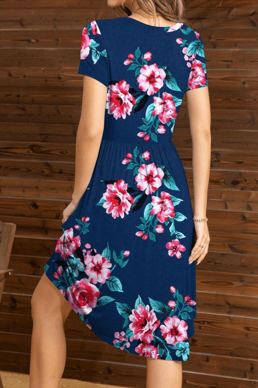 Floral Round Neck Short Sleeve Dress - Flyclothing LLC