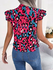 Leopard Tie Neck Cap Sleeve Blouse - Flyclothing LLC