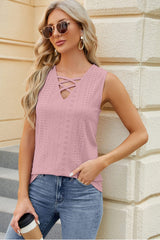 Eyelet Crisscross V-Neck Tank - Trendsi