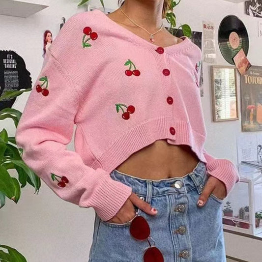 Cherry Button Down Cardigan - Trendsi