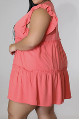 Plus Size V-Neck Frill Trim Mini Dress - Flyclothing LLC