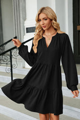 Notched Neck Long Sleeve Mini Dress - Flyclothing LLC