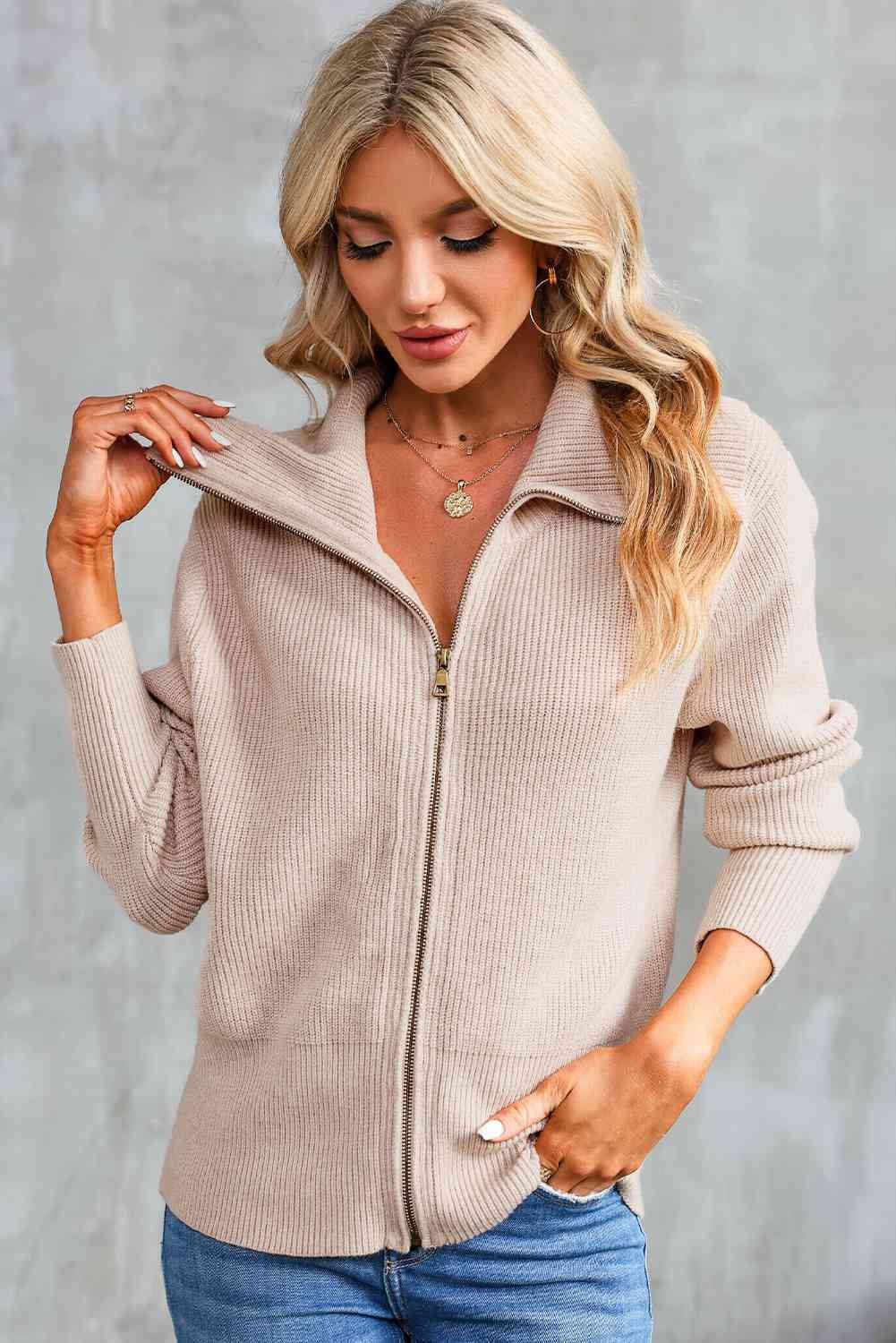 Zip-Up Collared Cardigan - Flyclothing LLC