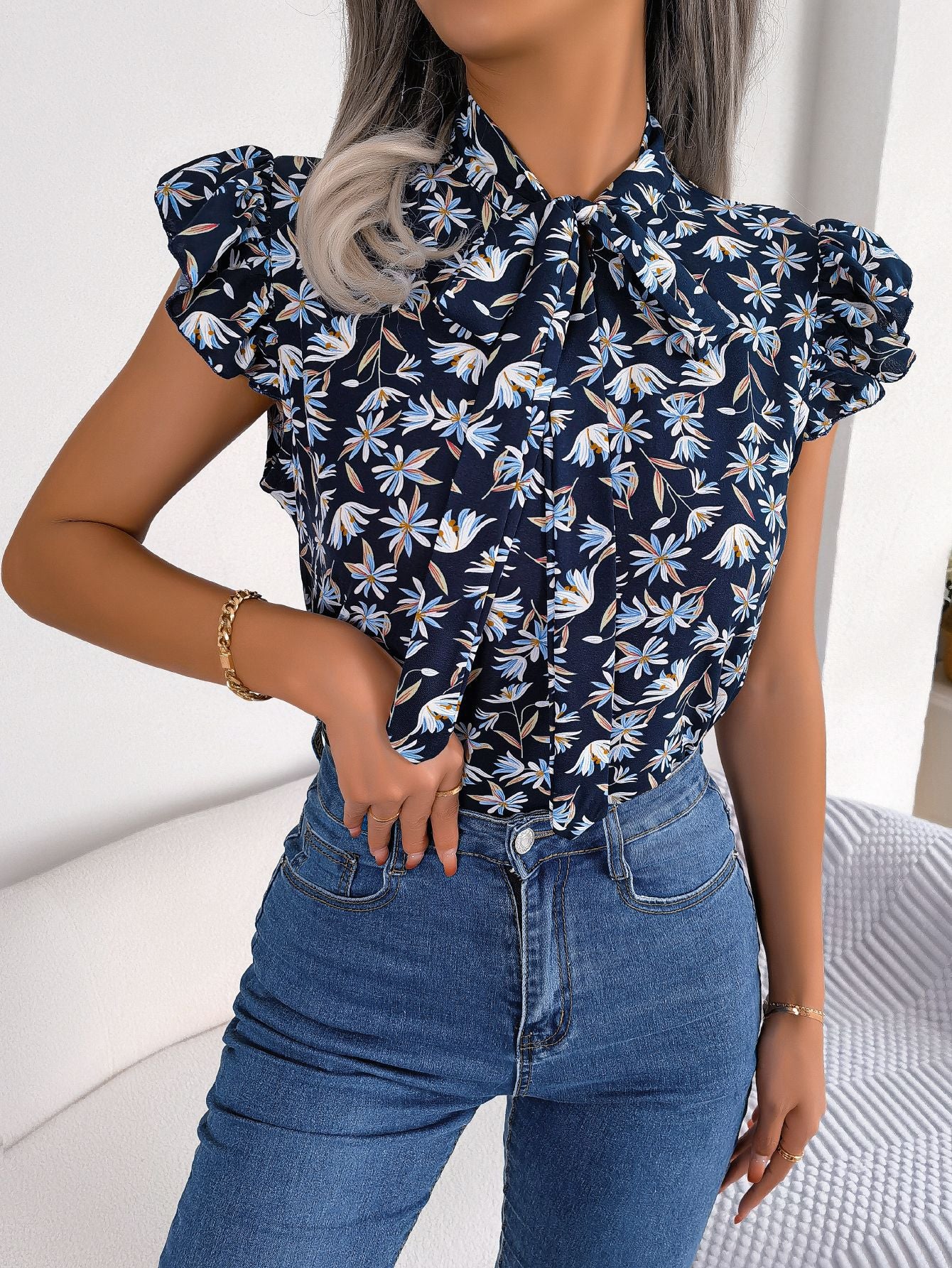 Floral Tie Neck Flutter Sleeve Blouse - Flyclothing LLC