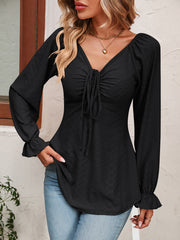 Tie Front V-Neck Puff Sleeve Blouse - Flyclothing LLC