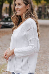 Openwork V-Neck Long Sleeve Knit Top - Flyclothing LLC