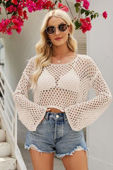 Openwork Round Neck Dropped Shoulder Knit Top - Flyclothing LLC