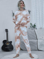 Tie-dye Round Neck Top and Drawstring Pants Lounge Set - Flyclothing LLC