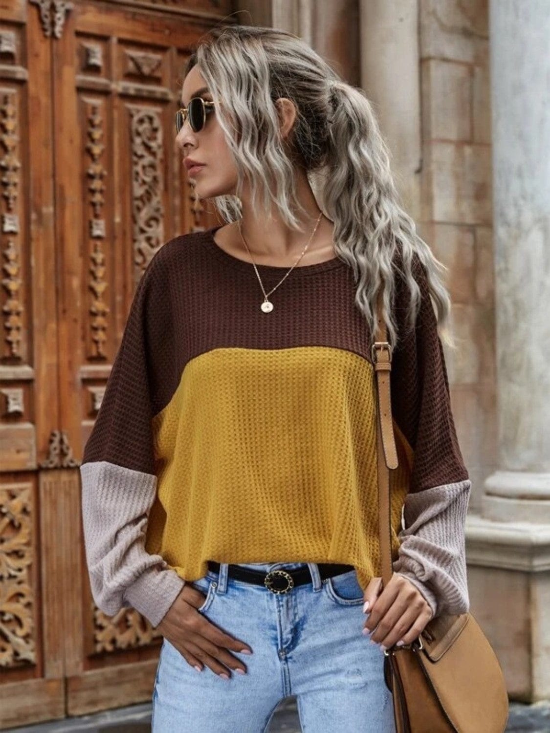 Color Block Waffle-Knit Long Sleeve Top - Trendsi