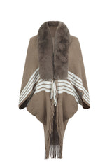 Striped Fringe Detail Long Sleeve Poncho - Flyclothing LLC