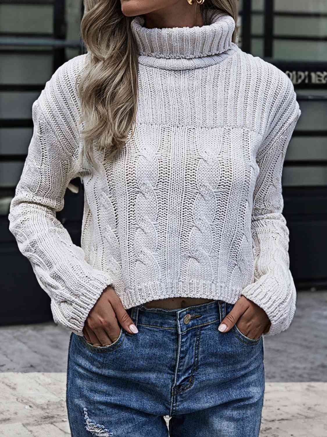 Cable-Knit Turtleneck Sweater - Trendsi