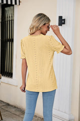 Eyelet Flounce Sleeve Scalloped V-Neck Top - Flyclothing LLC