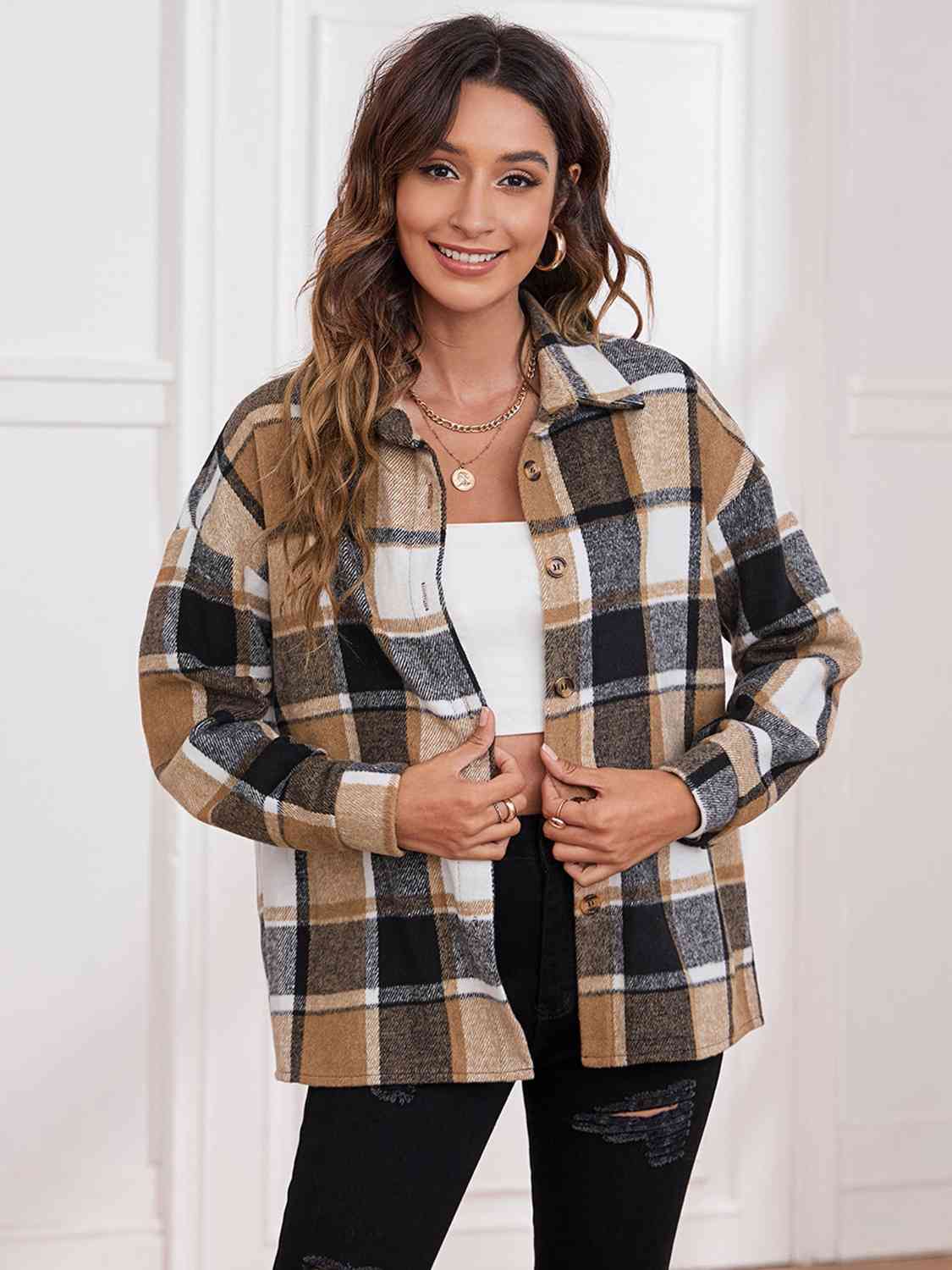 Plaid Collared Neck Button Down Jacket