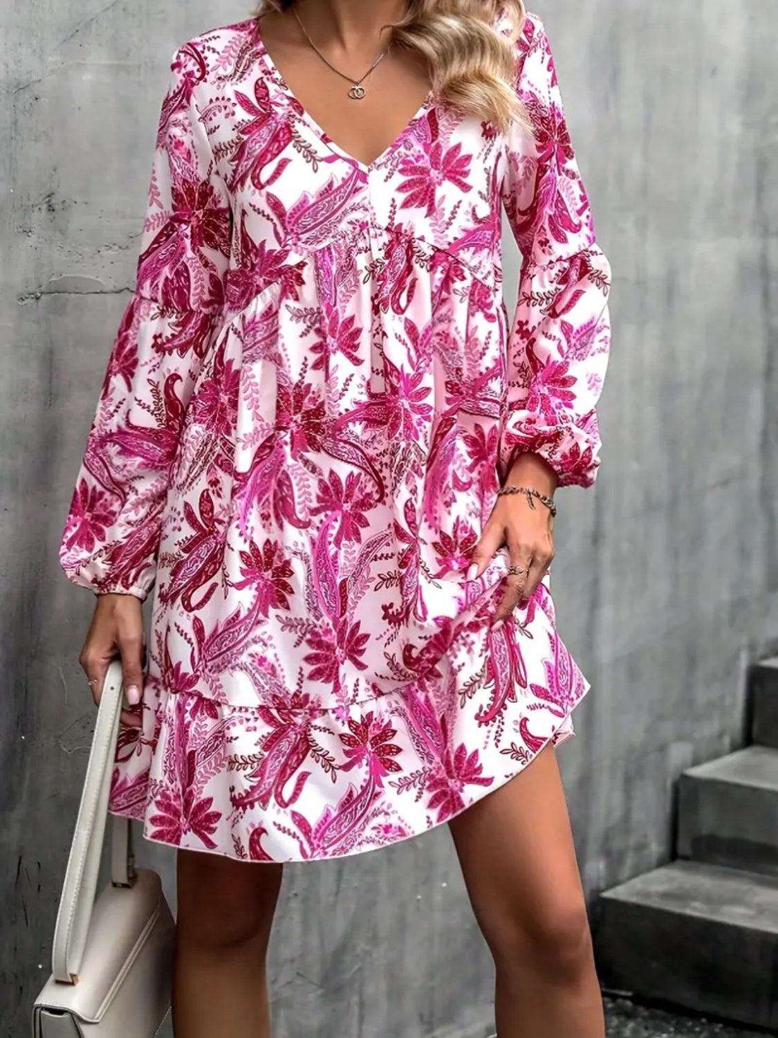 Floral V-Neck Balloon Sleeve Dress - Flyclothing LLC