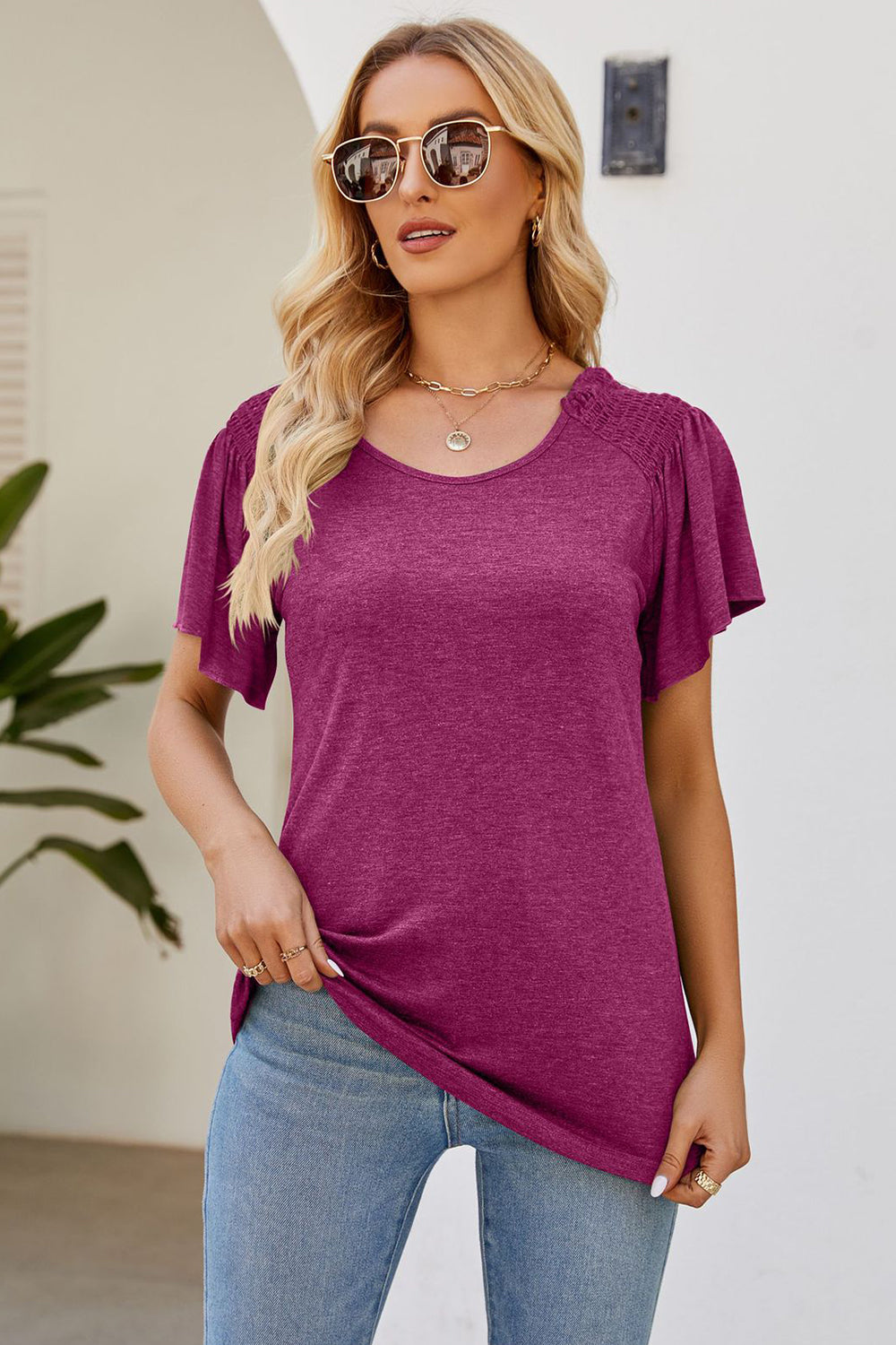 Smocked Round Neck Flutter Sleeve T-Shirt - Flyclothing LLC