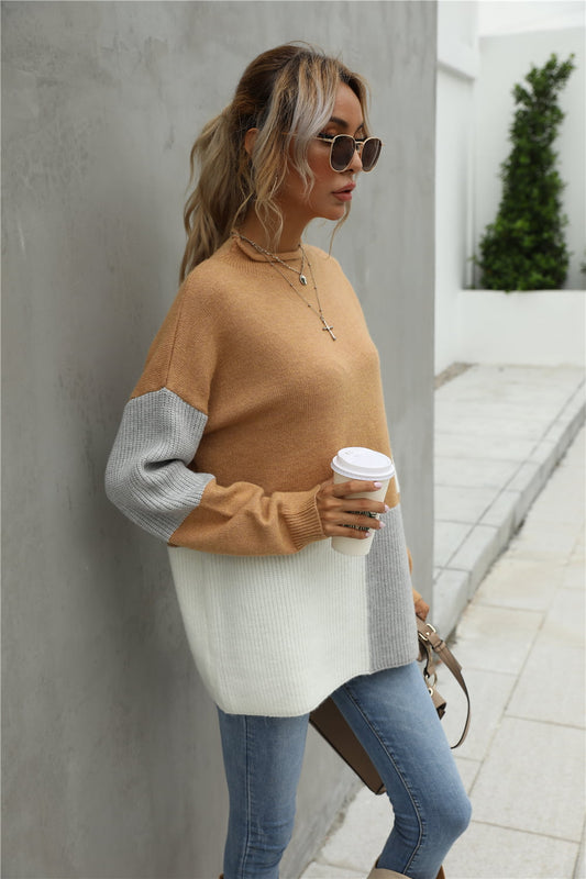 Color Block Round Neck Dropped Shoulder Sweater - Trendsi