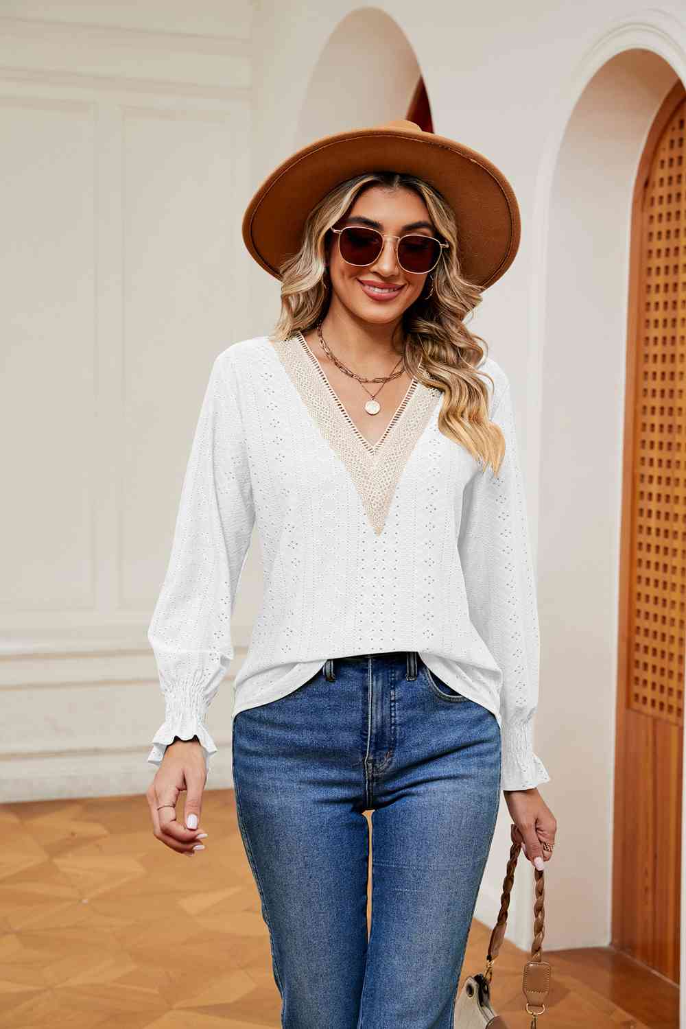 Contrast Flounce Sleeve Blouse - Flyclothing LLC