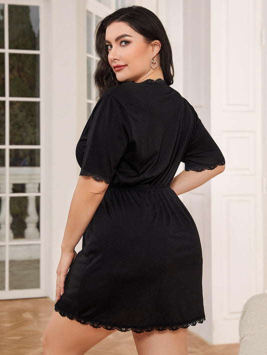 Plus Size Lace Trim Deep V Night Dress - Trendsi