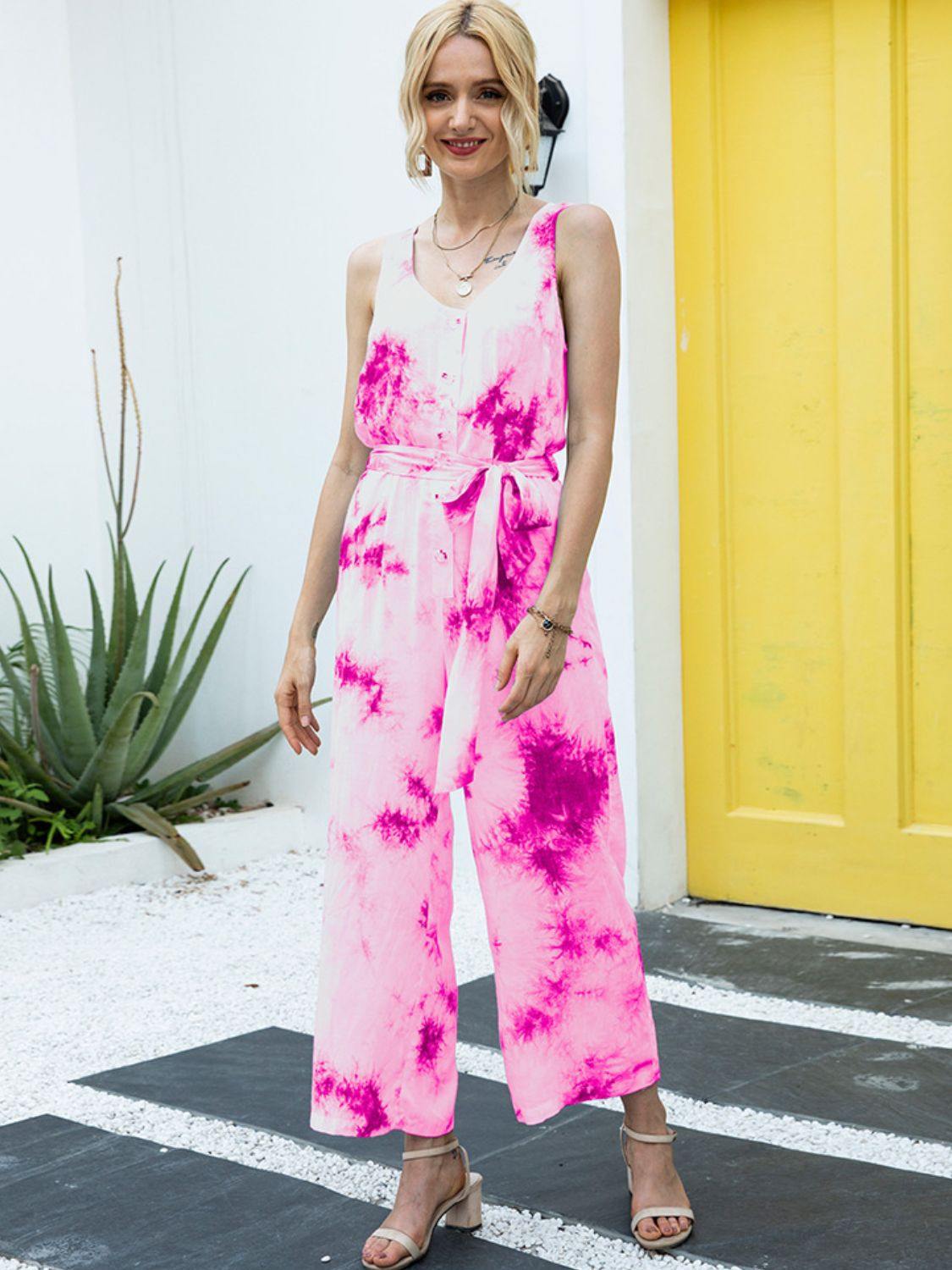 Tie-Dye Tie Waist Sleeveless Jumpsuit - Flyclothing LLC