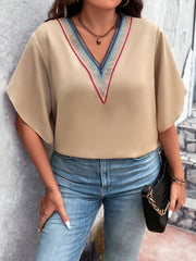 Plus Size V-Neck Flutter Sleeve Blouse - Flyclothing LLC