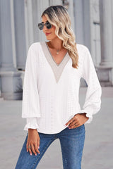 Contrast V-Neck Flounce Sleeve Top - Trendsi