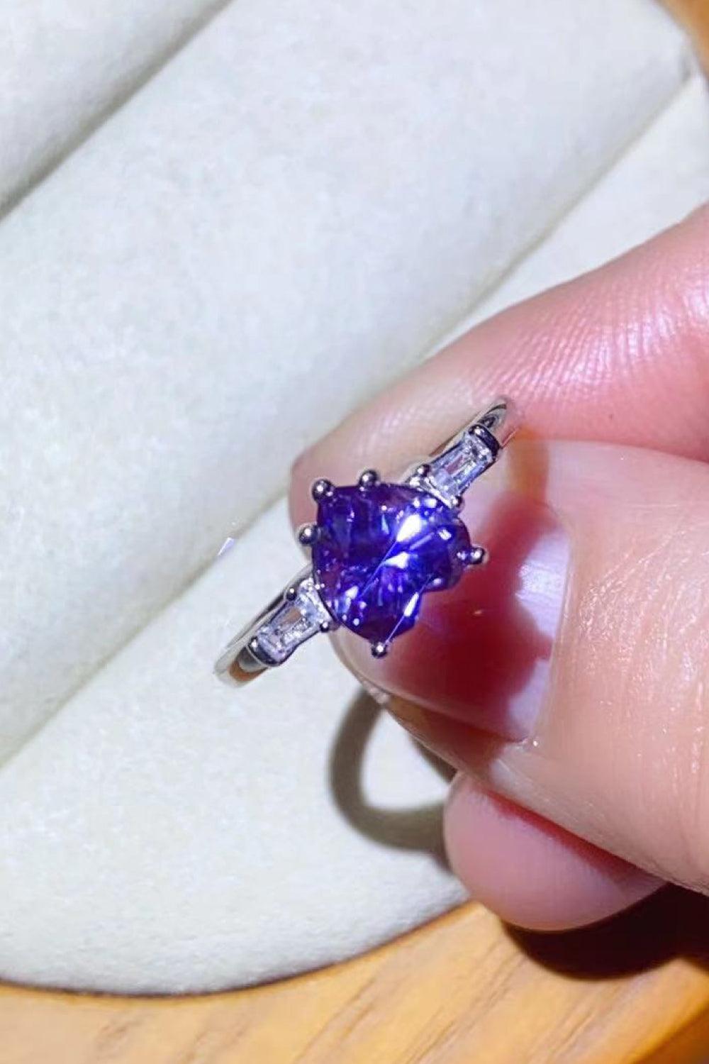 1 Carat Moissanite Heart-Shaped Platinum-Plated Ring in Purple - Trendsi