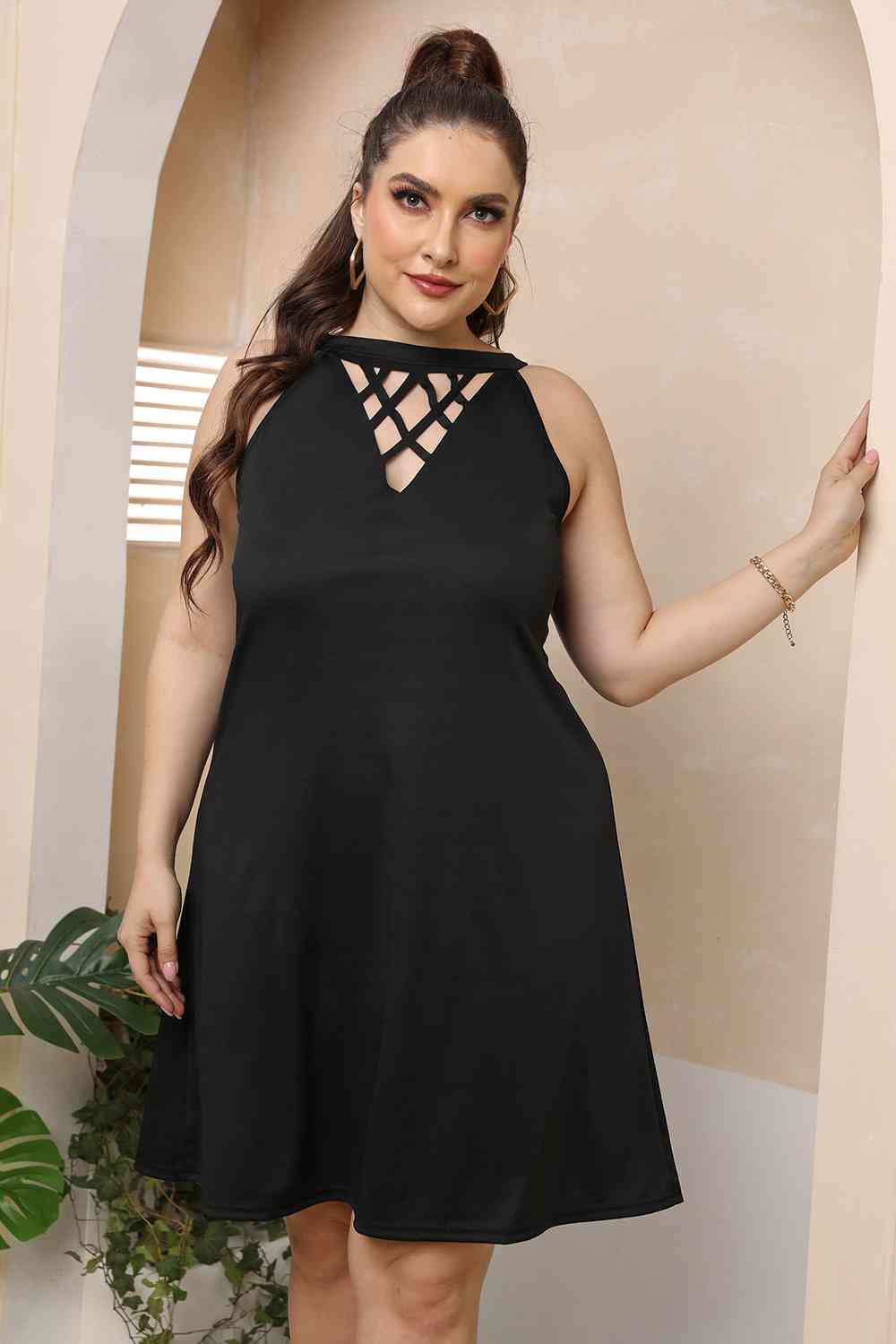 Plus Size Cutout Round Neck Sleeveless Dress - Flyclothing LLC