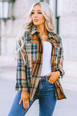 Plaid Curved Hem Shirt Jacket with Breast Pockets - Flyclothing LLC