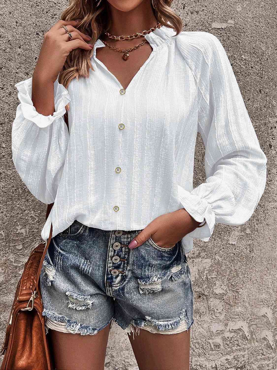 Notched Neck Flounce Sleeve Shirt - Trendsi