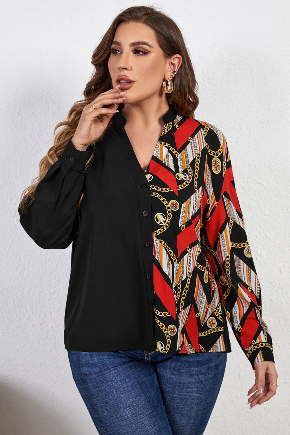 Plus Size Contrast Color Notched Neck Shirt - Flyclothing LLC