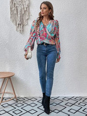 Printed Surplice Smocked Lantern Sleeve Blouse - Flyclothing LLC