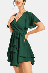 Surplice Neck Flutter Sleeve Dress - Flyclothing LLC