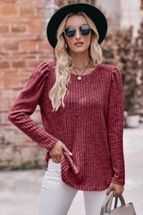 Round Neck Puff Sleeve Ribbed Top - Flyclothing LLC