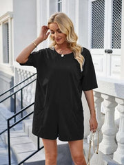 Backless Pocketed Round Neck Half Sleeve Romper - Trendsi