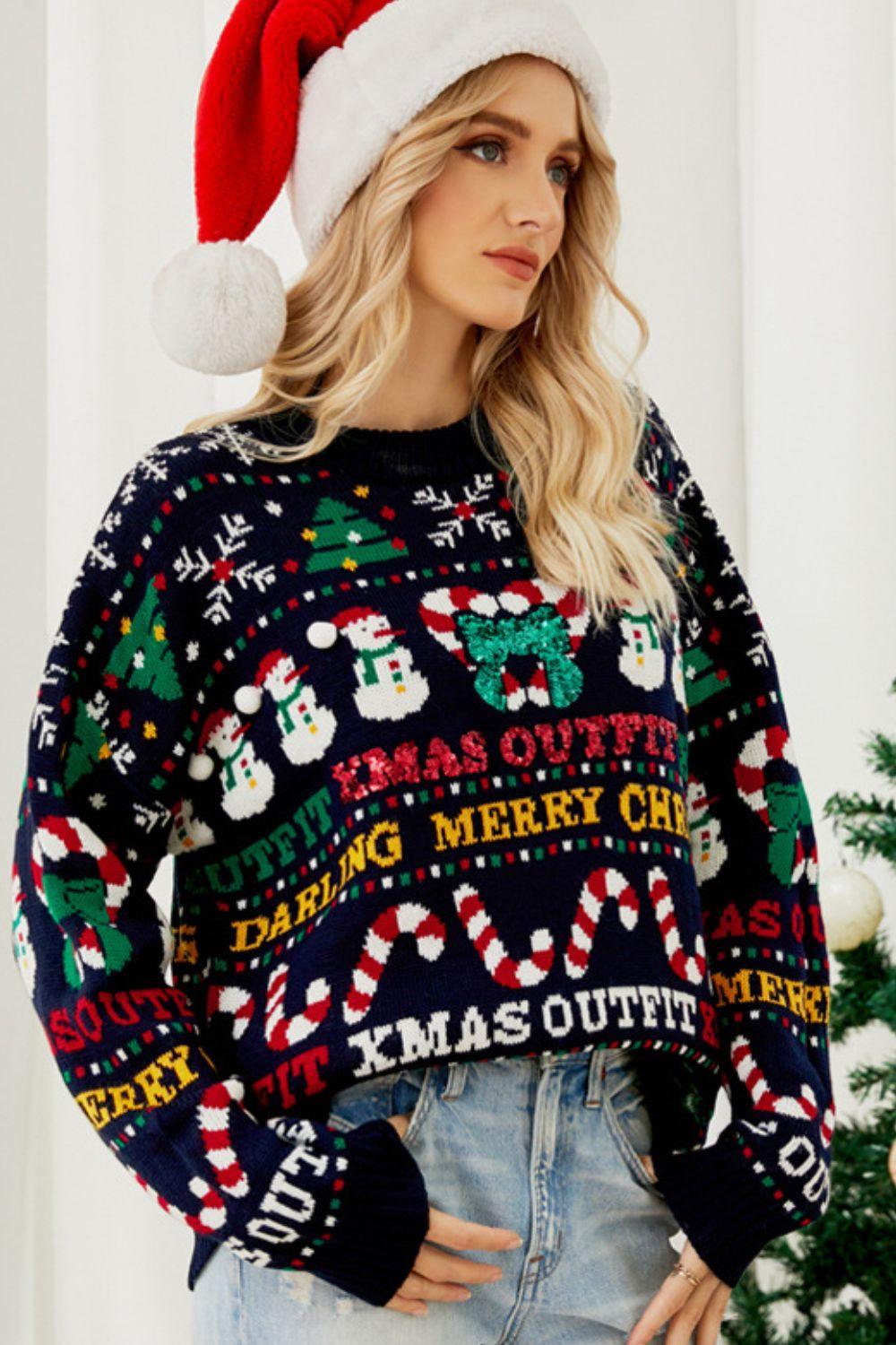 Christmas Print Crewneck Dropped Shoulder Sweater - Flyclothing LLC